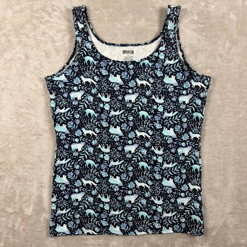 Duluth Trading Co Womens L Navy Woodland Animal Print Tank Top